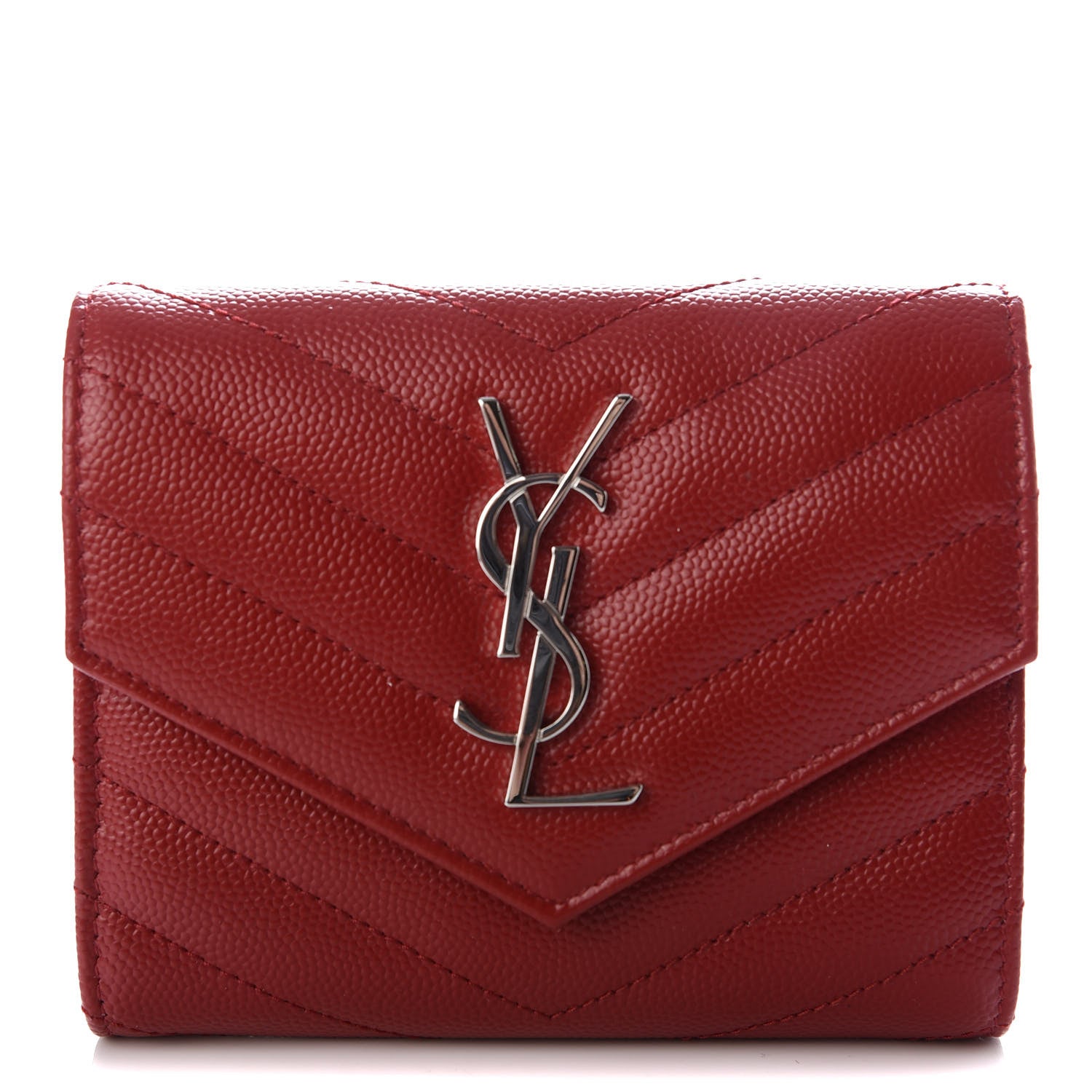 Saint Laurent Grain De Poudre Matelasse Chevron Monogram Compact Tri Fold Wallet Red 1 of 7