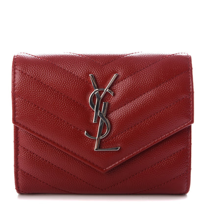 Saint Laurent Grain De Poudre Matelasse Chevron Monogram Compact Tri Fold Wallet Red 1 of 7