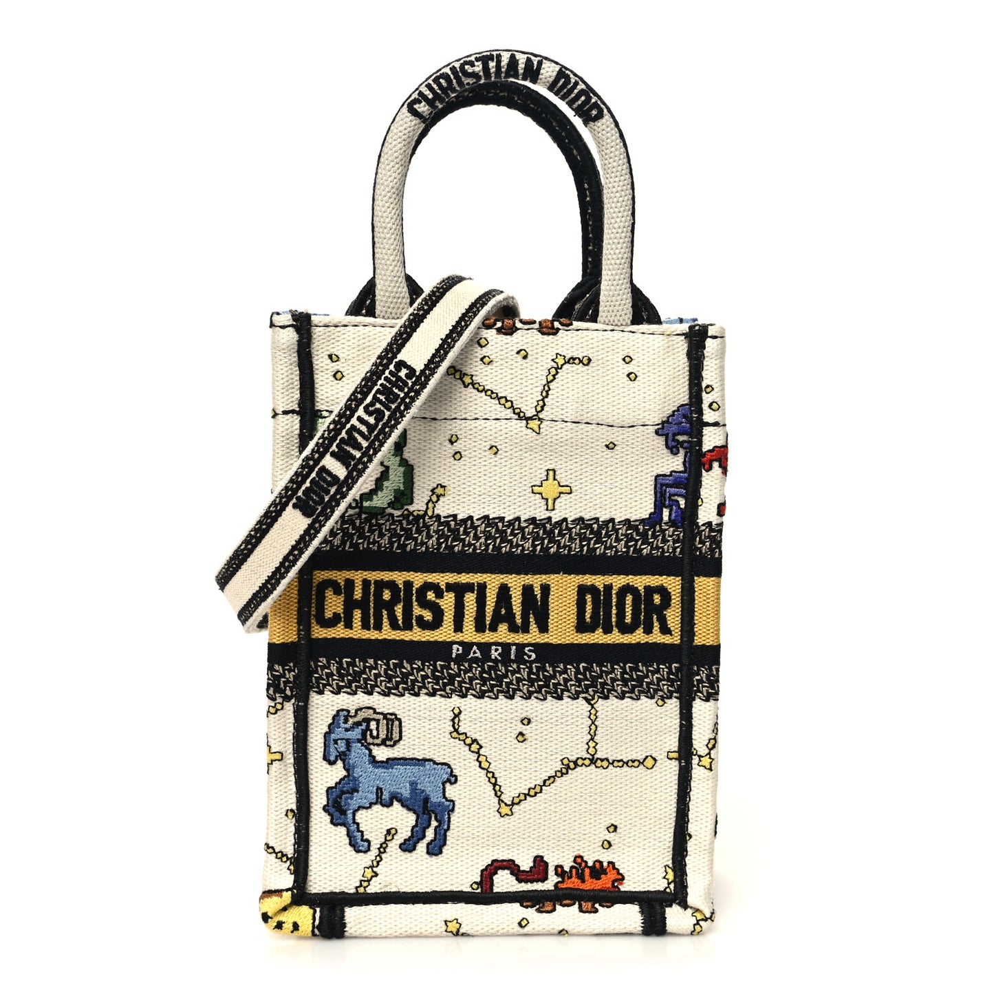 Canvas Embroidered Pixel Zodiac Mini Book Tote Phone Bag Latte Multicolor