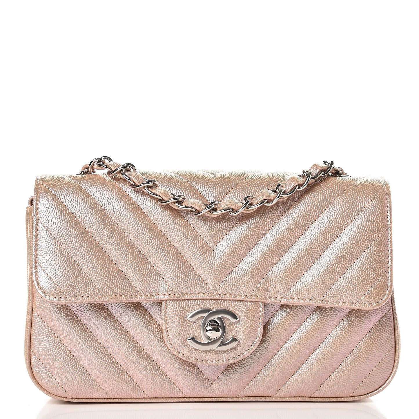Iridescent Caviar Chevron Quilted Mini Rectangular Flap Light Gold