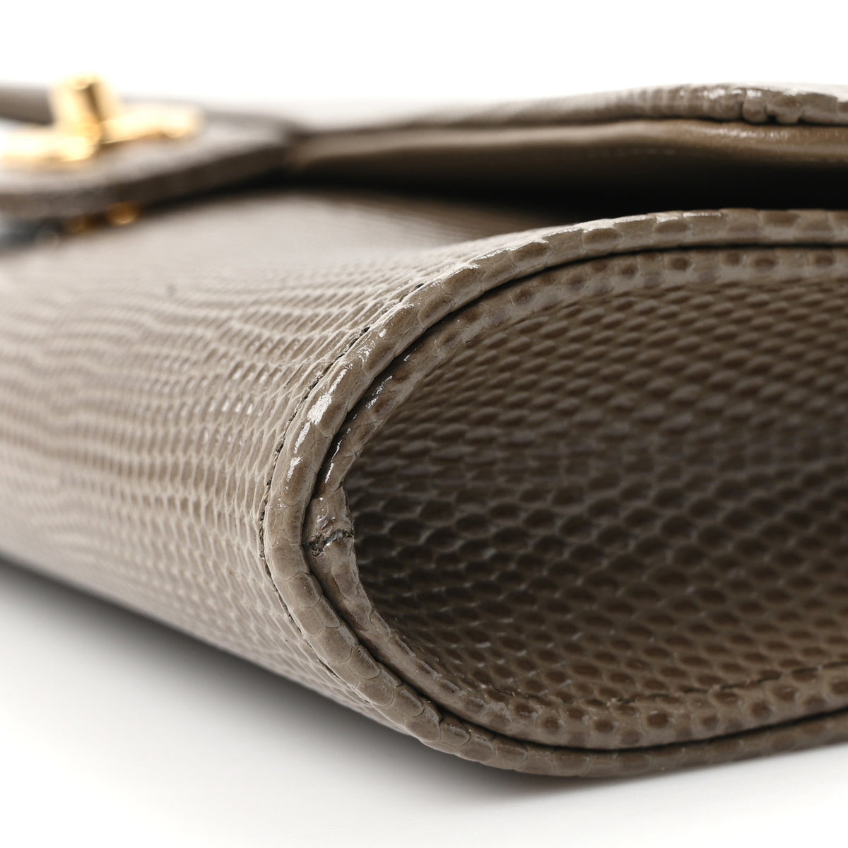 Calfskin Lizard Embossed Top Handle Long Clutch With Chain Dark Khaki