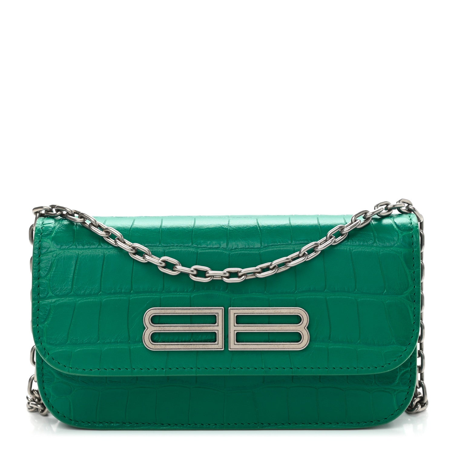 Balenciaga Extra Supple Calfskin Crocodile Embossed Gossip Wallet On Chain Jade 1 of 9
