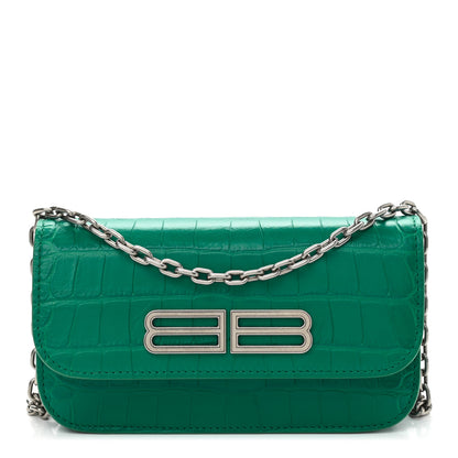 Balenciaga Extra Supple Calfskin Crocodile Embossed Gossip Wallet On Chain Jade 1 of 9
