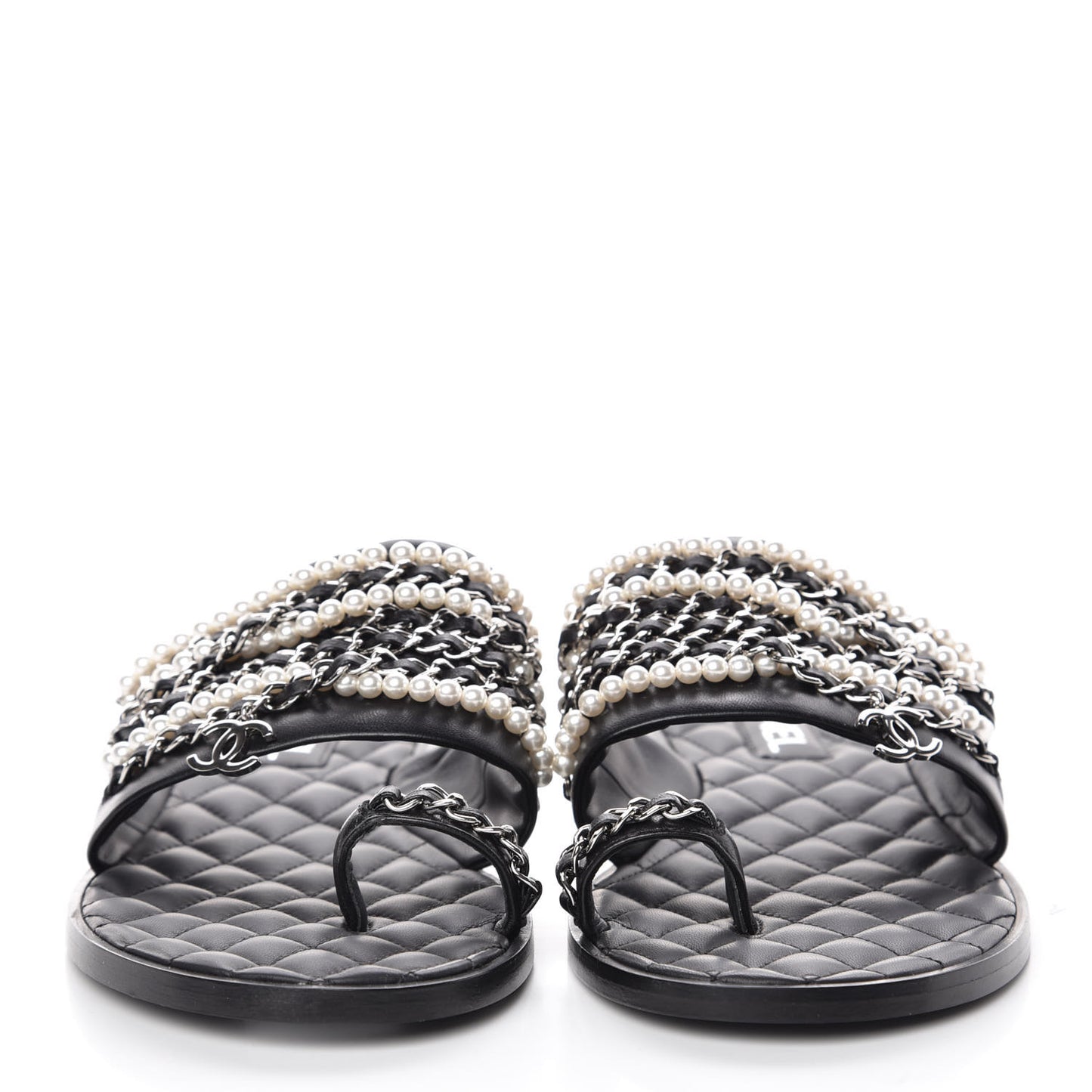 Pearl Lambskin Chain Flat Sandals 41 Black