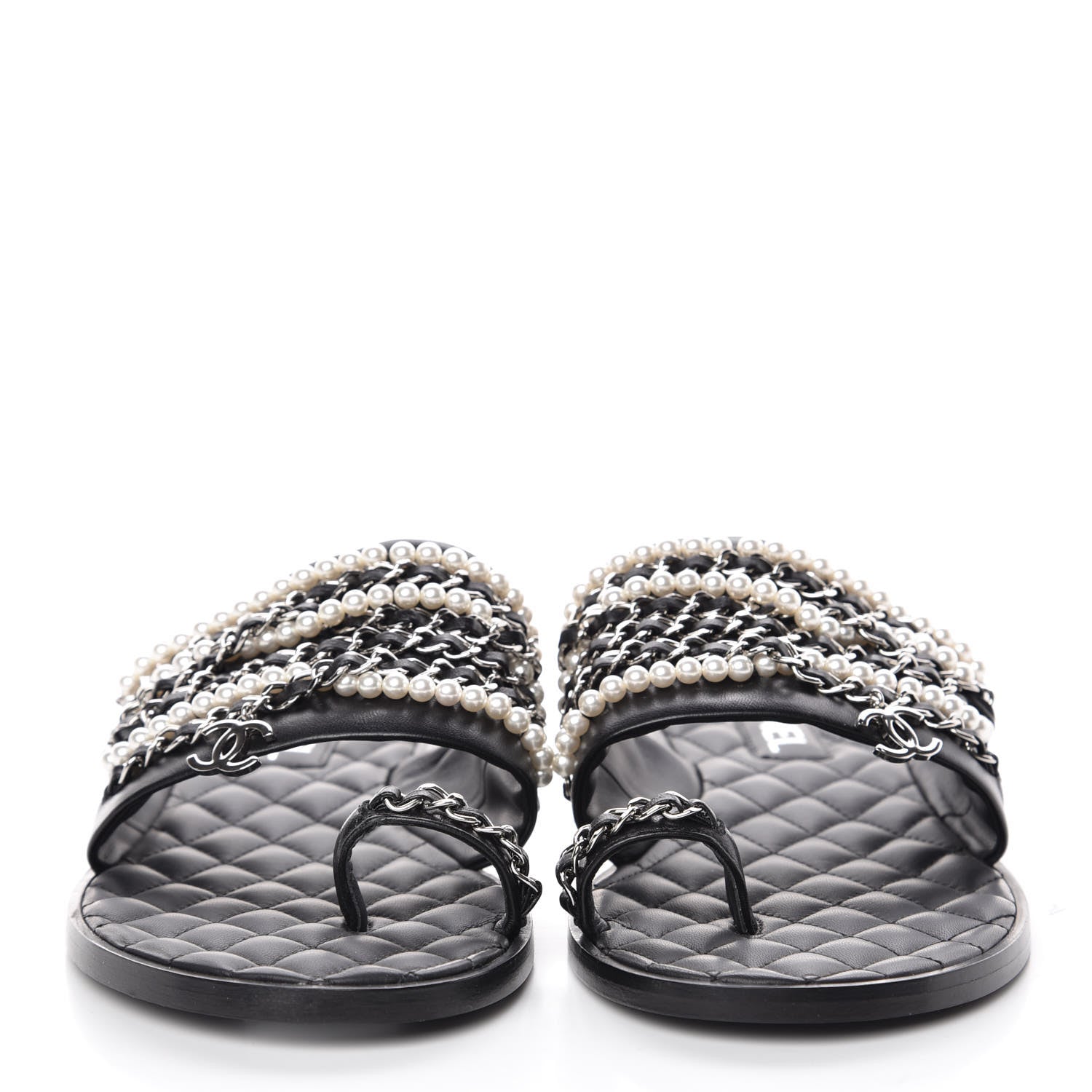 Chanel Pearl Lambskin Chain Flat Sandals 41 Black 2 of 8