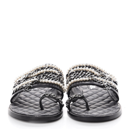 Chanel Pearl Lambskin Chain Flat Sandals 41 Black 2 of 8
