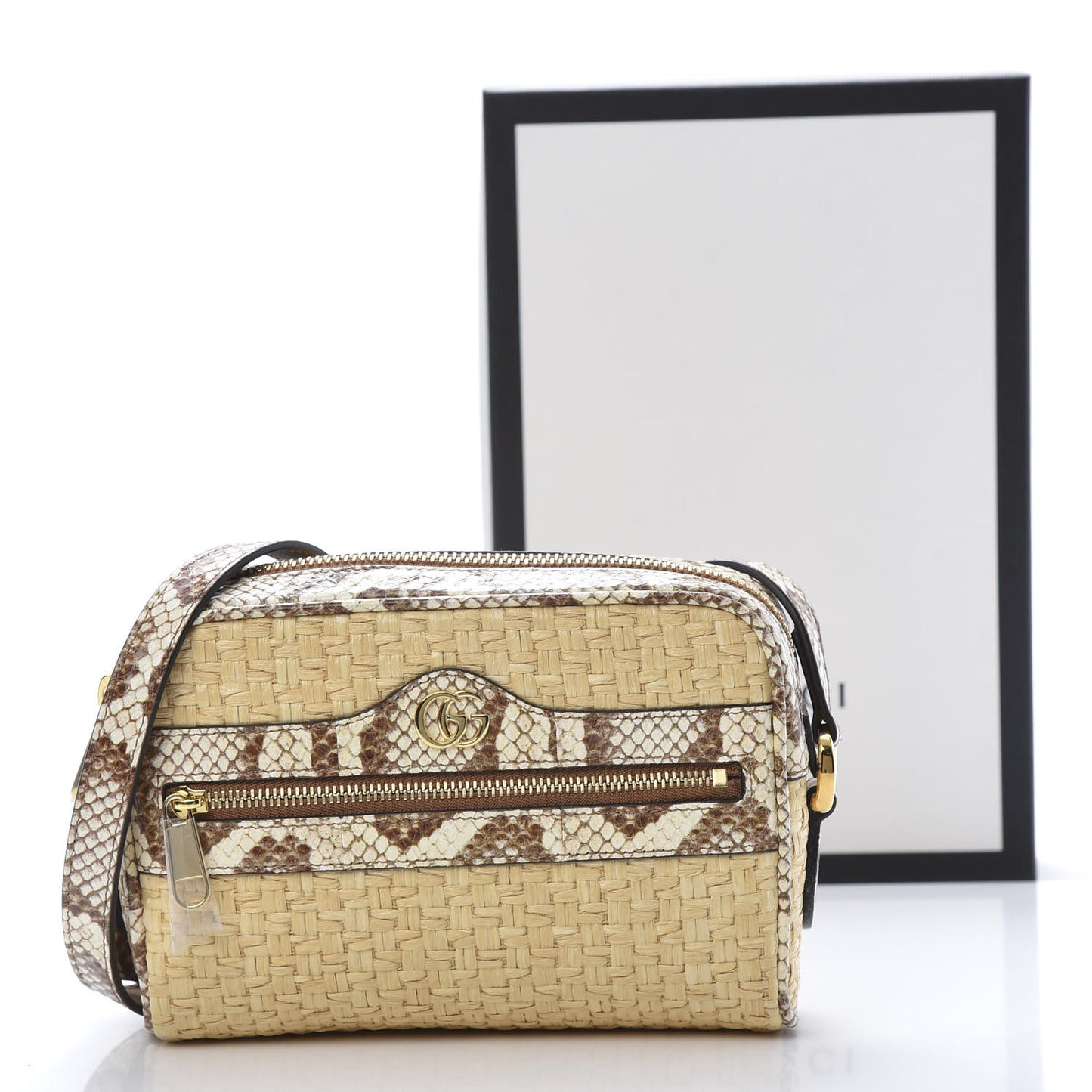 Raffia Elaphe Mini Ophidia Shoulder Bag Natural Cream Brown