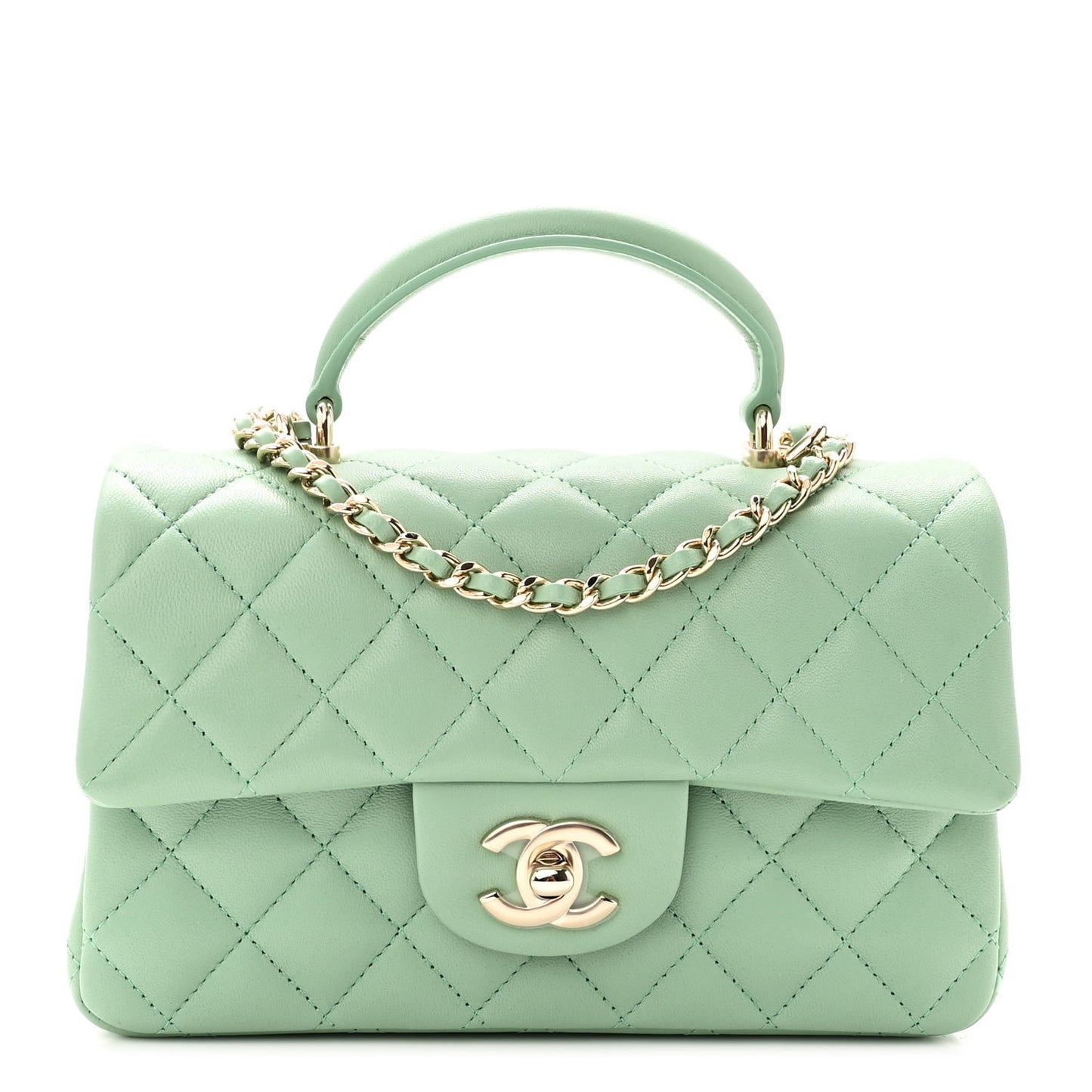 Lambskin Quilted Mini Top Handle Rectangular Flap Light Green