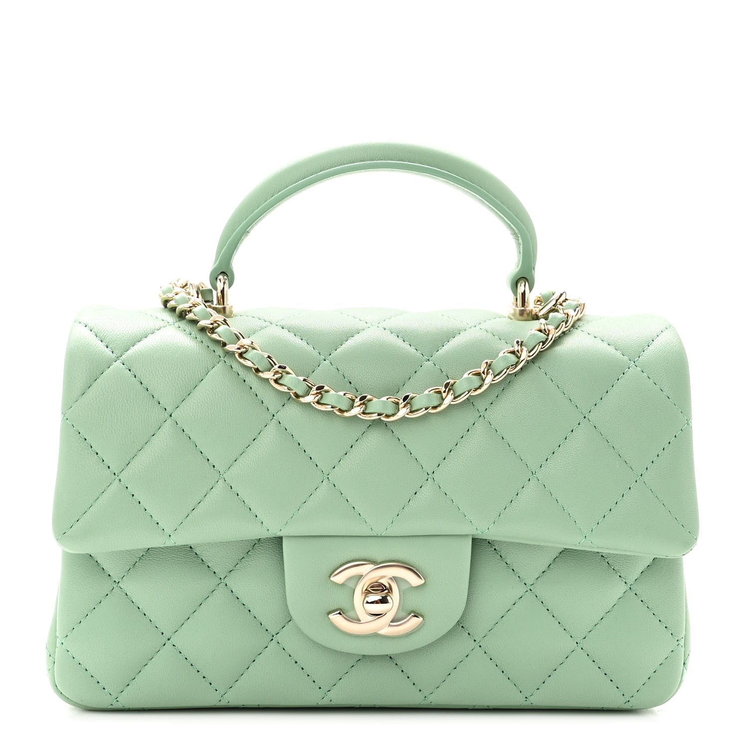 Chanel Lambskin Quilted Mini Top Handle Rectangular Flap Light Green 1 of 12