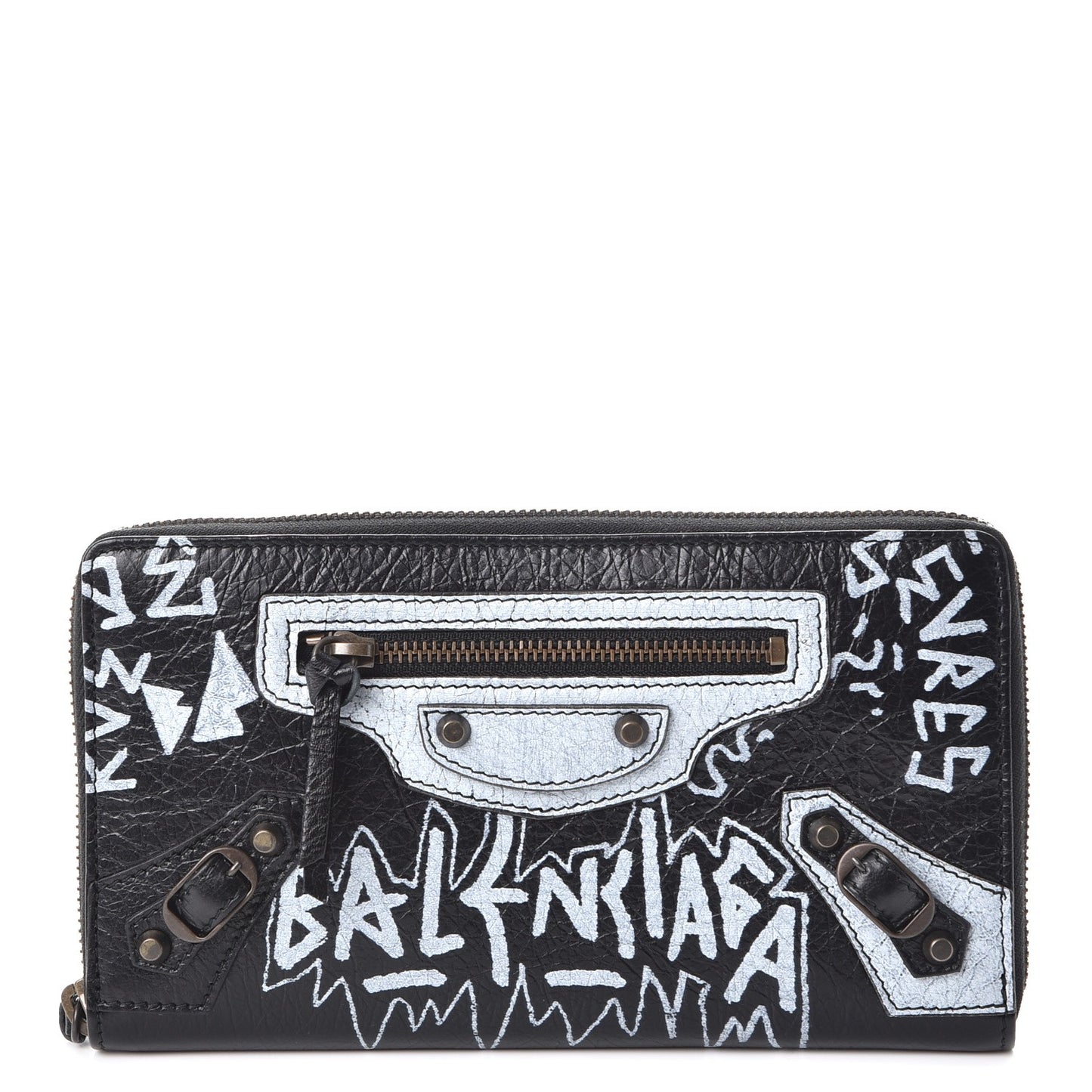 Agneau Arena Graffiti All Over Classic Hardware Continental Zip Around Wallet Black White