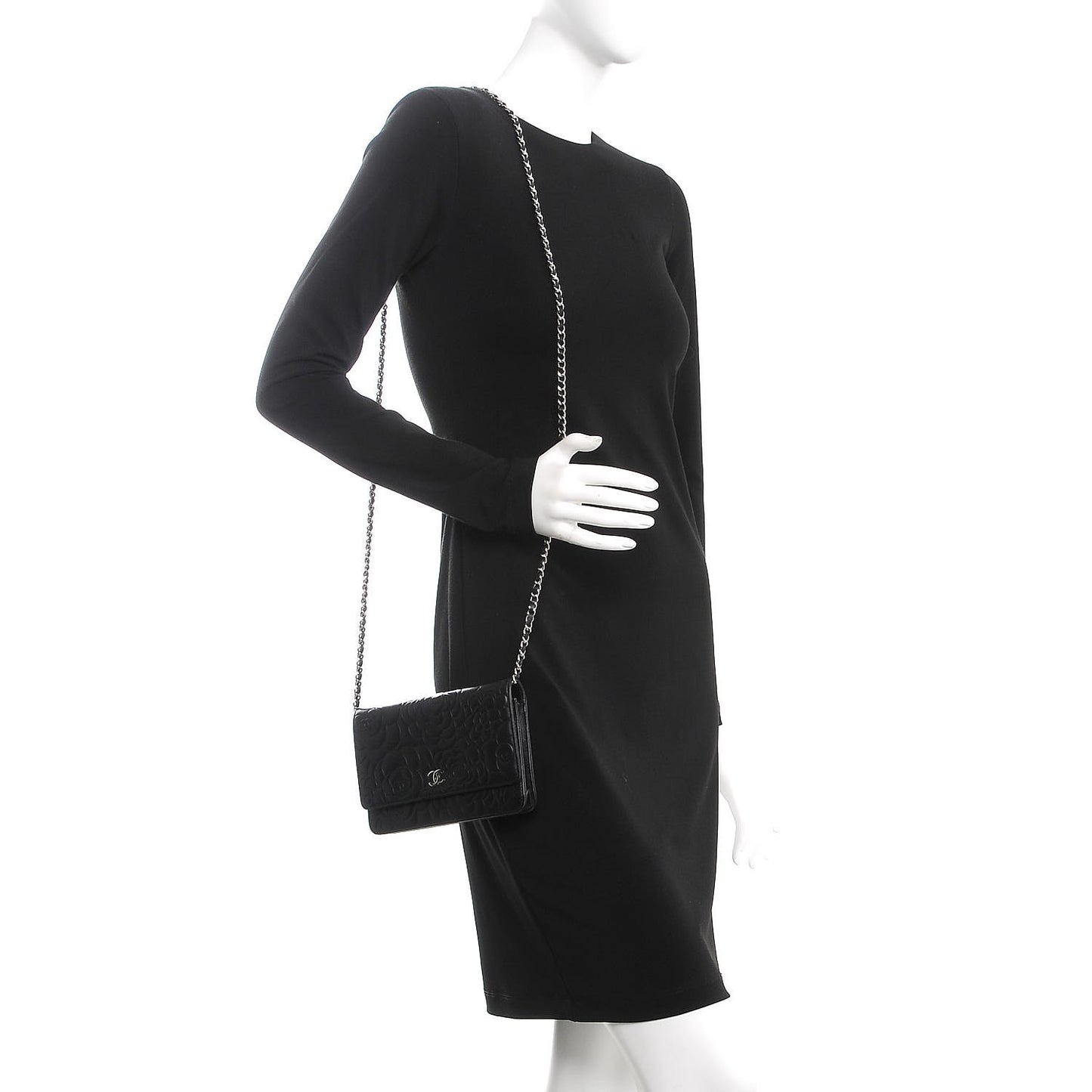 Lambskin Camellia Embossed Wallet On Chain WOC Black