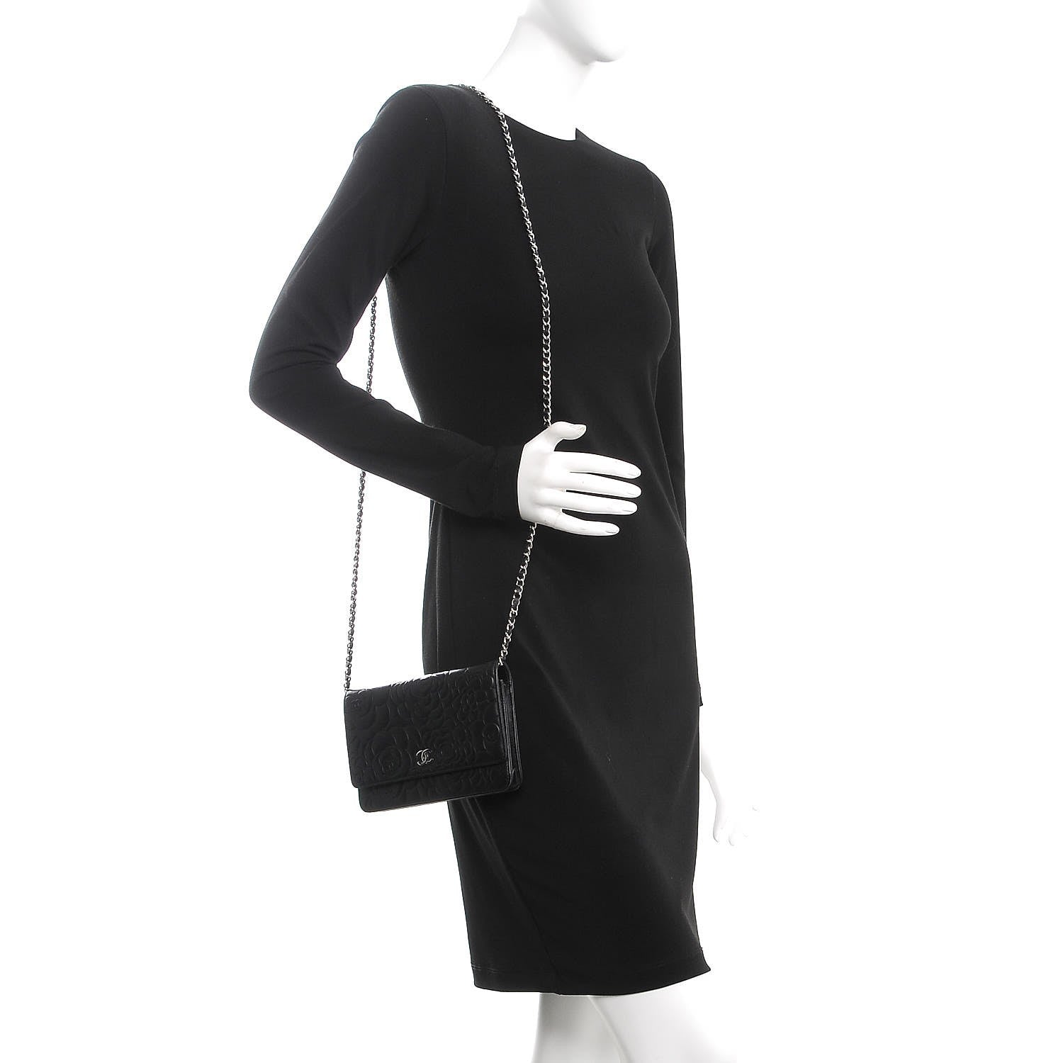 Chanel Lambskin Camellia Embossed Wallet On Chain WOC Black 2 of 12