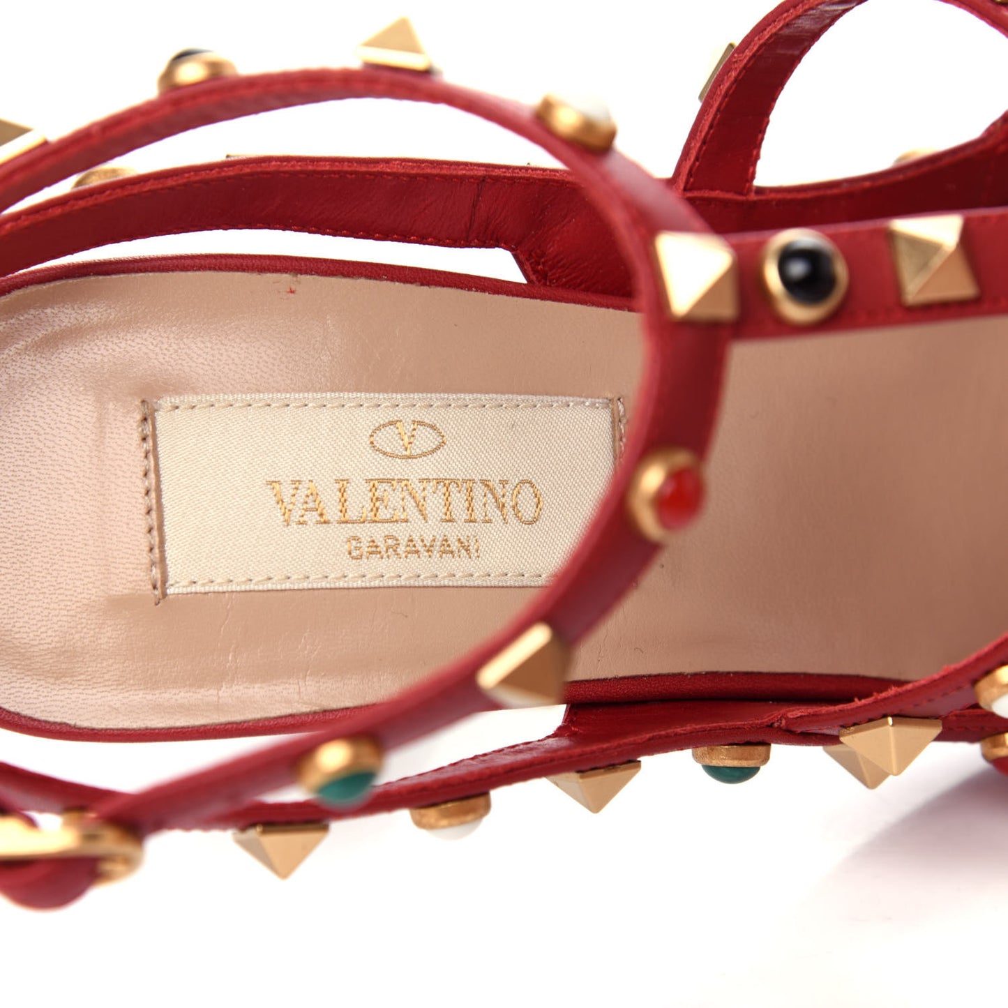 Calfskin Rockstud Rolling Ankle Strap 100mm Pumps 37.5 Rosso Valentino