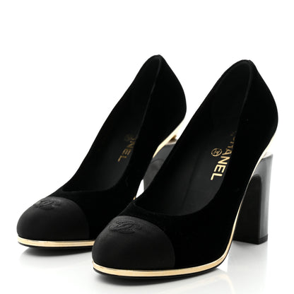 Chanel Velvet Satin Cap Toe Pearl Pumps 39 Black 3 of 9