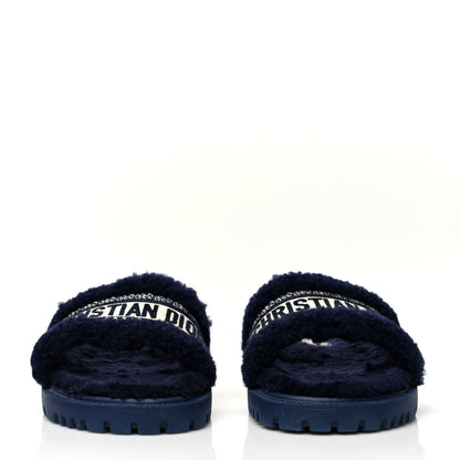 Christian Dior Shearling Canvas Embroidered Dway 10mm Slide Sandals 37 Deep Blue Natural 2 of 8