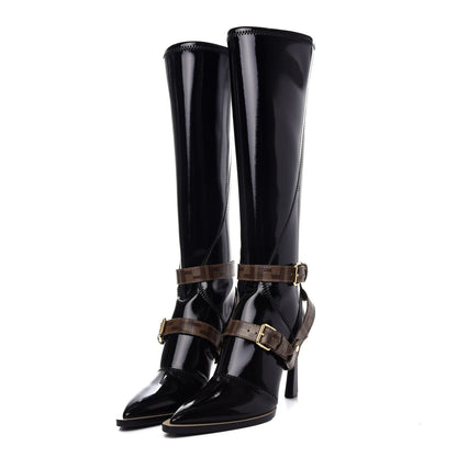 Fendi Glossy Neoprene Glazed Fabric FF FFrame Boots 39 Black Tobacco Moro 3 of 10