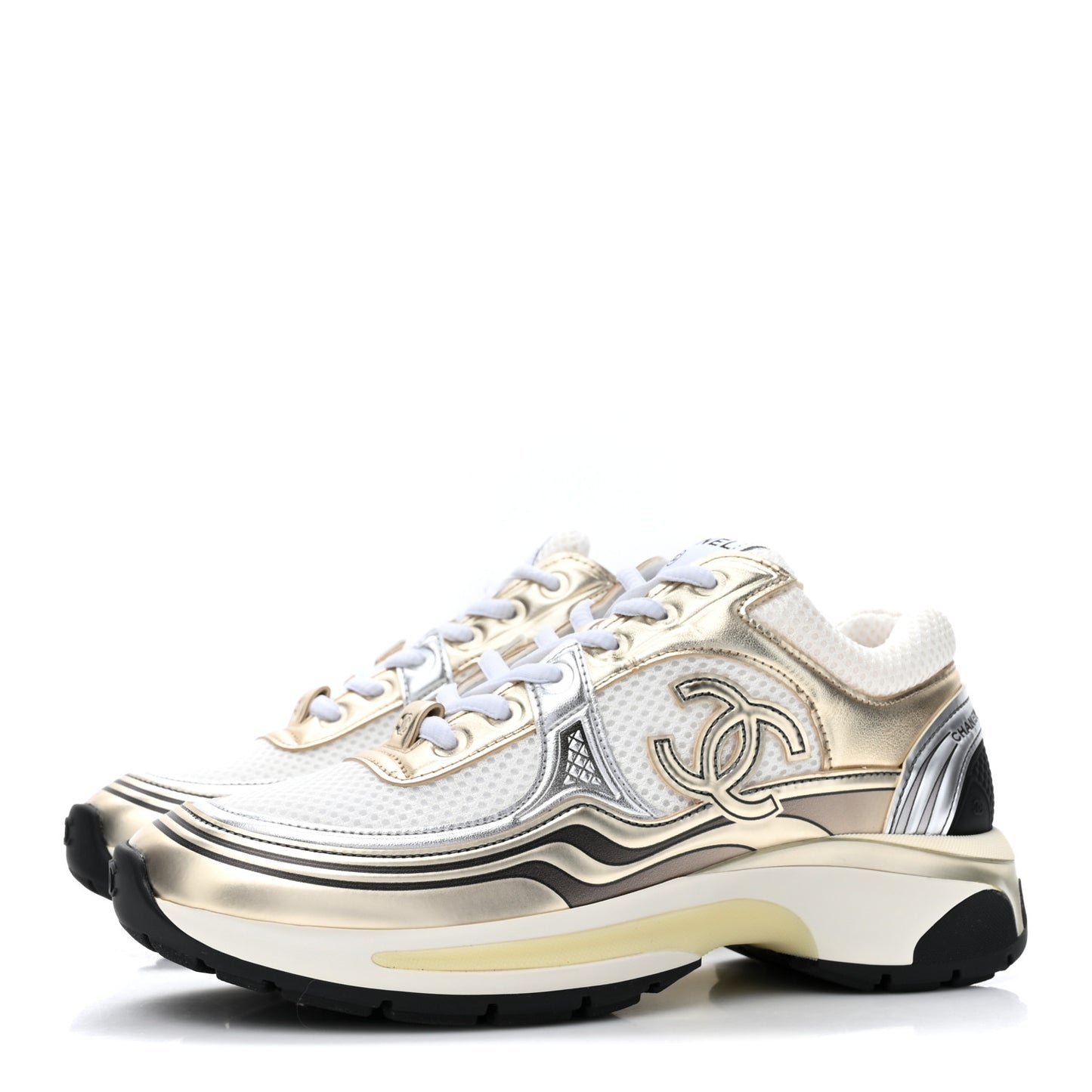 Fabric Laminated Calfskin Stretch CC Womens Sneakers 36 White Gold Silver