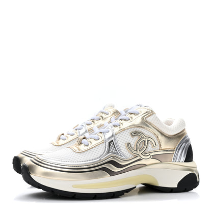 Chanel Fabric Laminated Calfskin Stretch CC Womens Sneakers 36 White Gold Silver 3 of 10