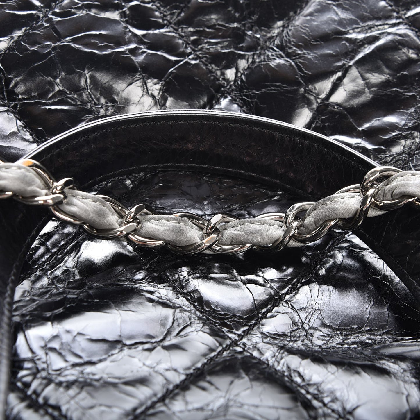 Glazed Calfskin Lambskin Quilted Portobello Tote Black Grey