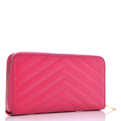Saint Laurent Grain De Poudre Matelasse Chevron Monogram Zip Around Wallet Fuchsia 3 of 8