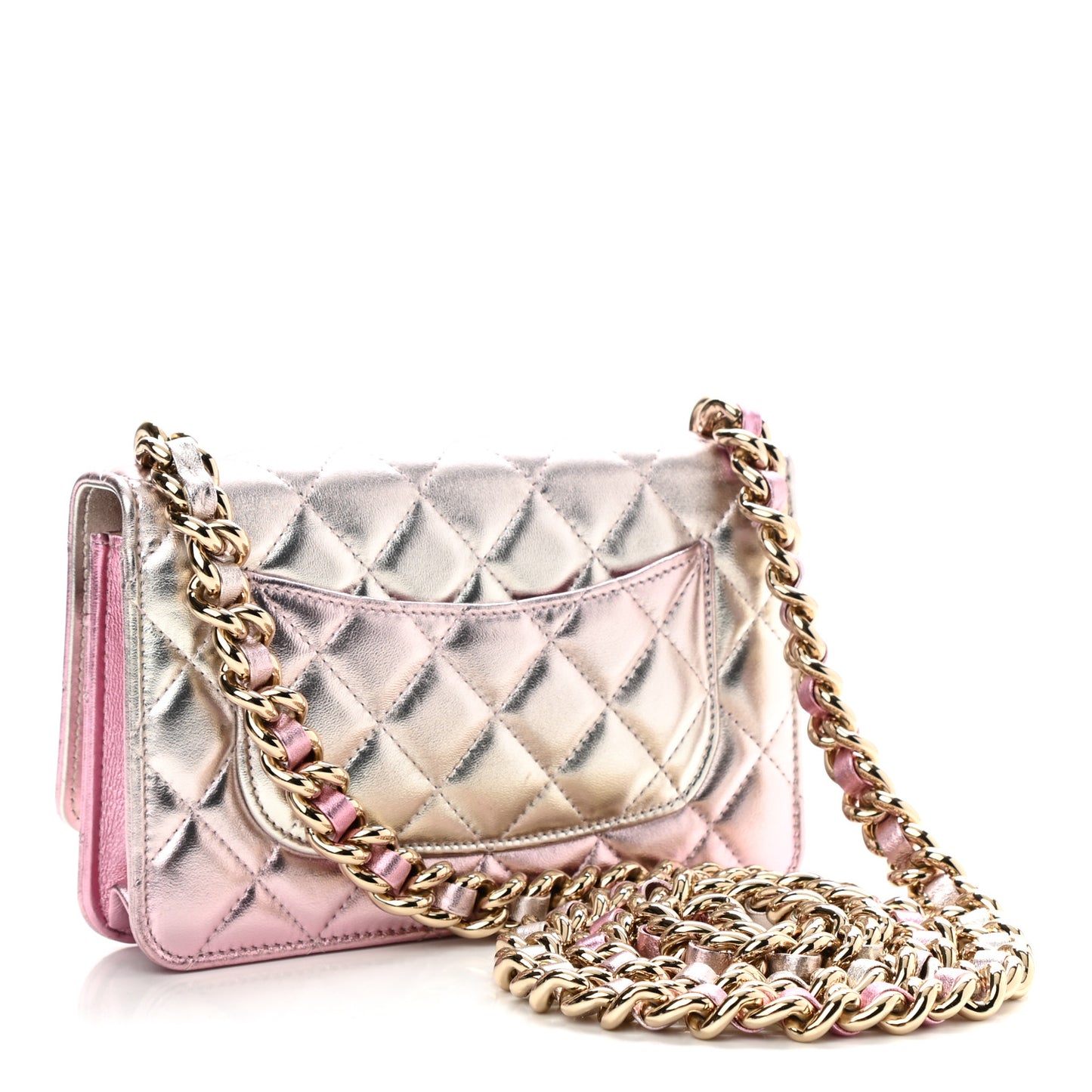 Gradient Metallic Lambskin Quilted Like A Wallet Wallet On Chain WOC Gold Pink