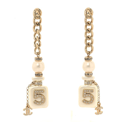 Chanel Pearl Resin Crystal CC No 5 Perfume Bottle Chain Drop Earrings Gold Pearly White 1 of 5
