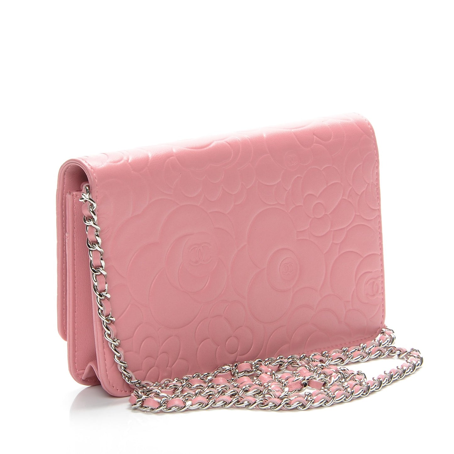Lambskin Camellia Embossed Wallet On Chain WOC Pink
