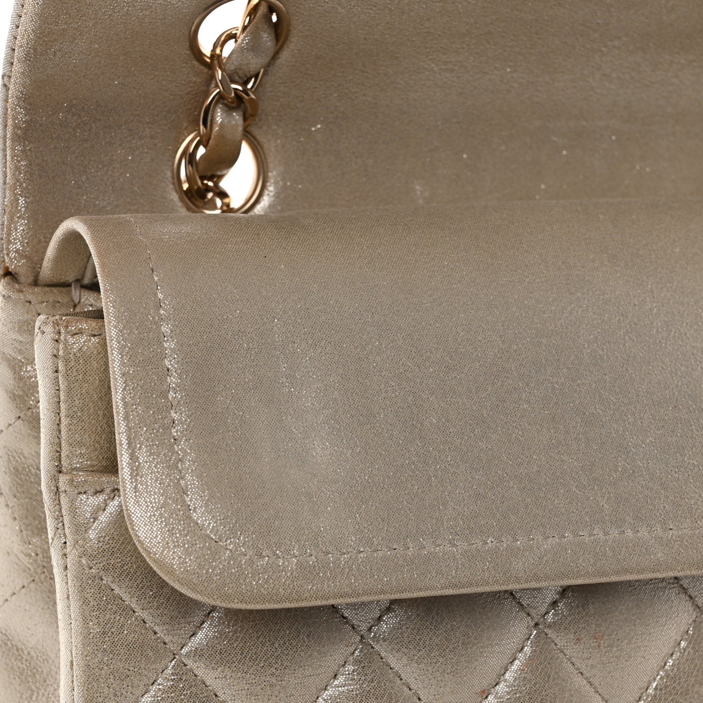 Iridescent Calfskin Quilted Medium Double Flap Light Gold