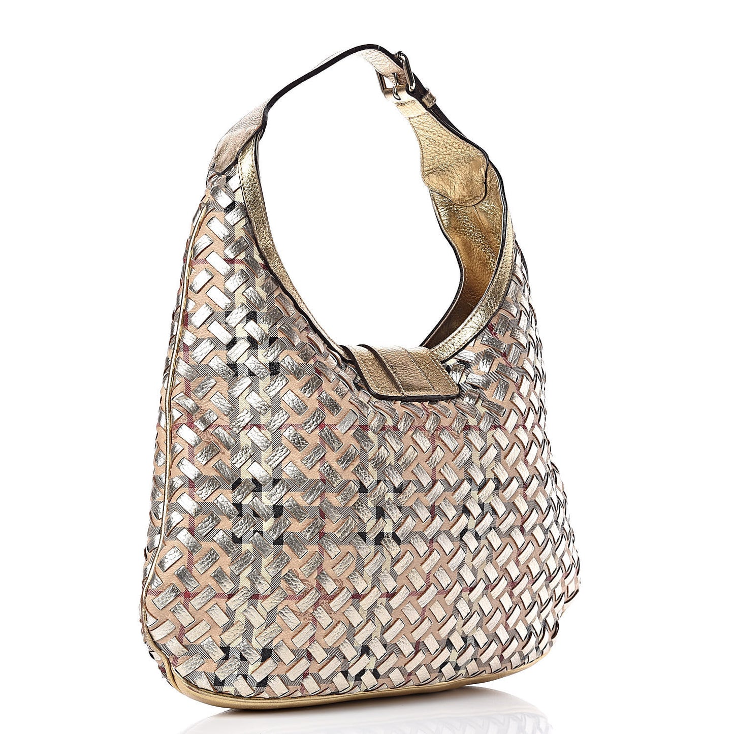 Metallic Calfskin House Check Woven Brook Hobo Gold