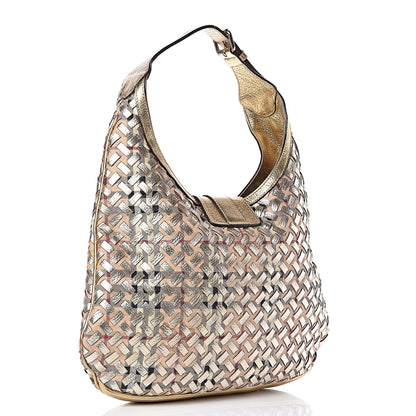 Burberry Metallic Calfskin House Check Woven Brook Hobo Gold 3 of 11