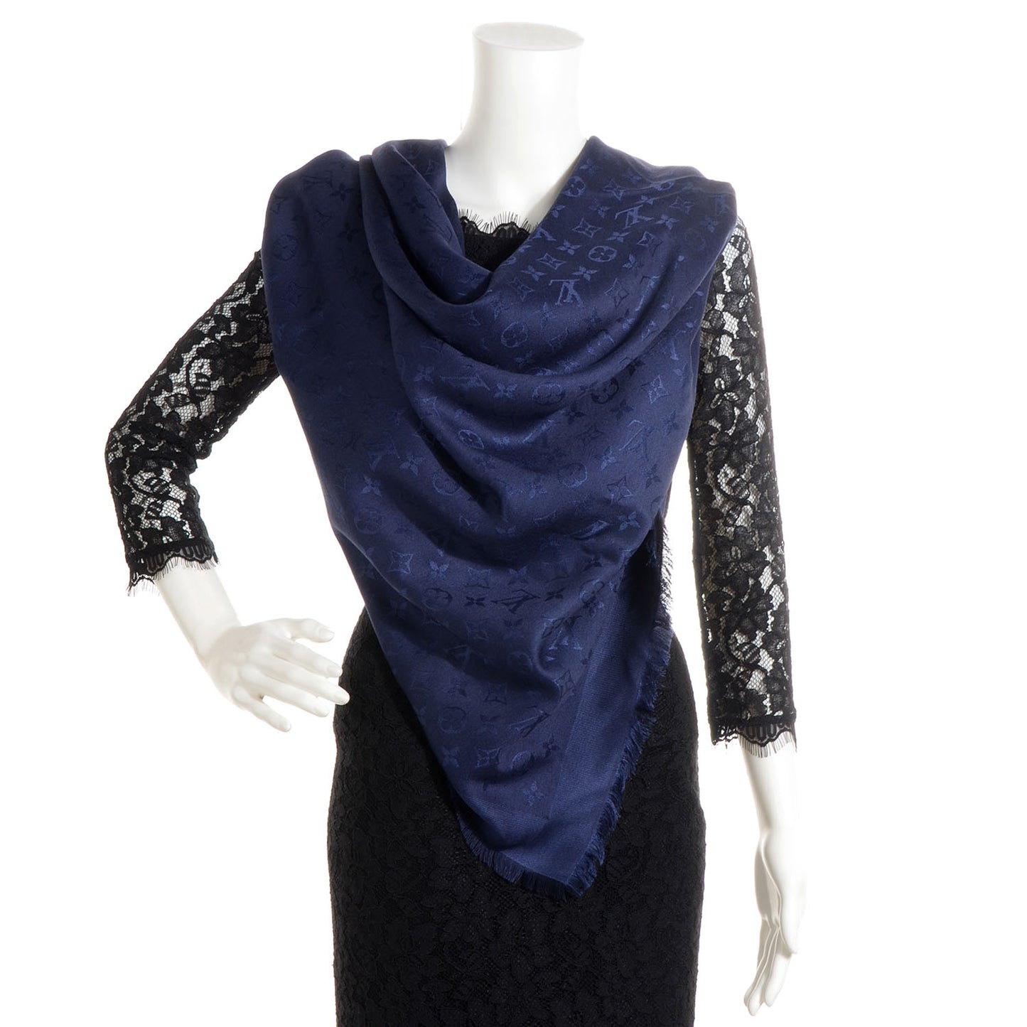 Wool Silk Monogram Shawl Blue Nuit