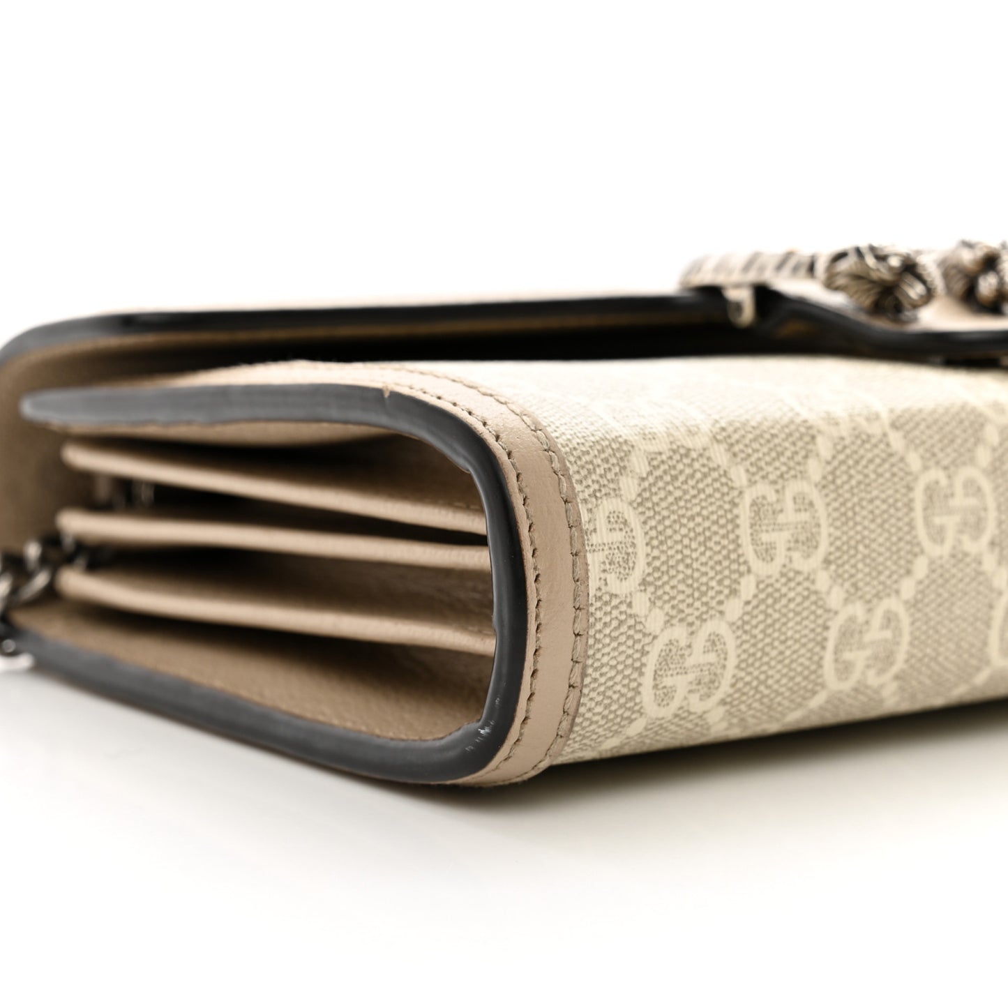 GG Supreme Monogram Textured Dollar Calfskin Mini Dionysus Chain Wallet Beige Mystic White Oatmeal