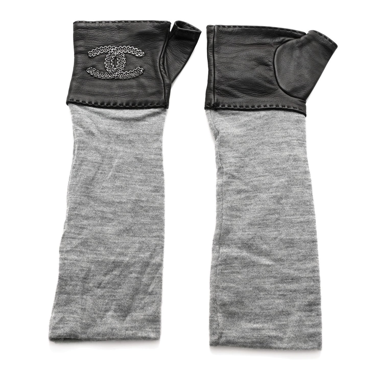 Lambskin Cashmere Silk CC Fingerless Gloves Black Grey