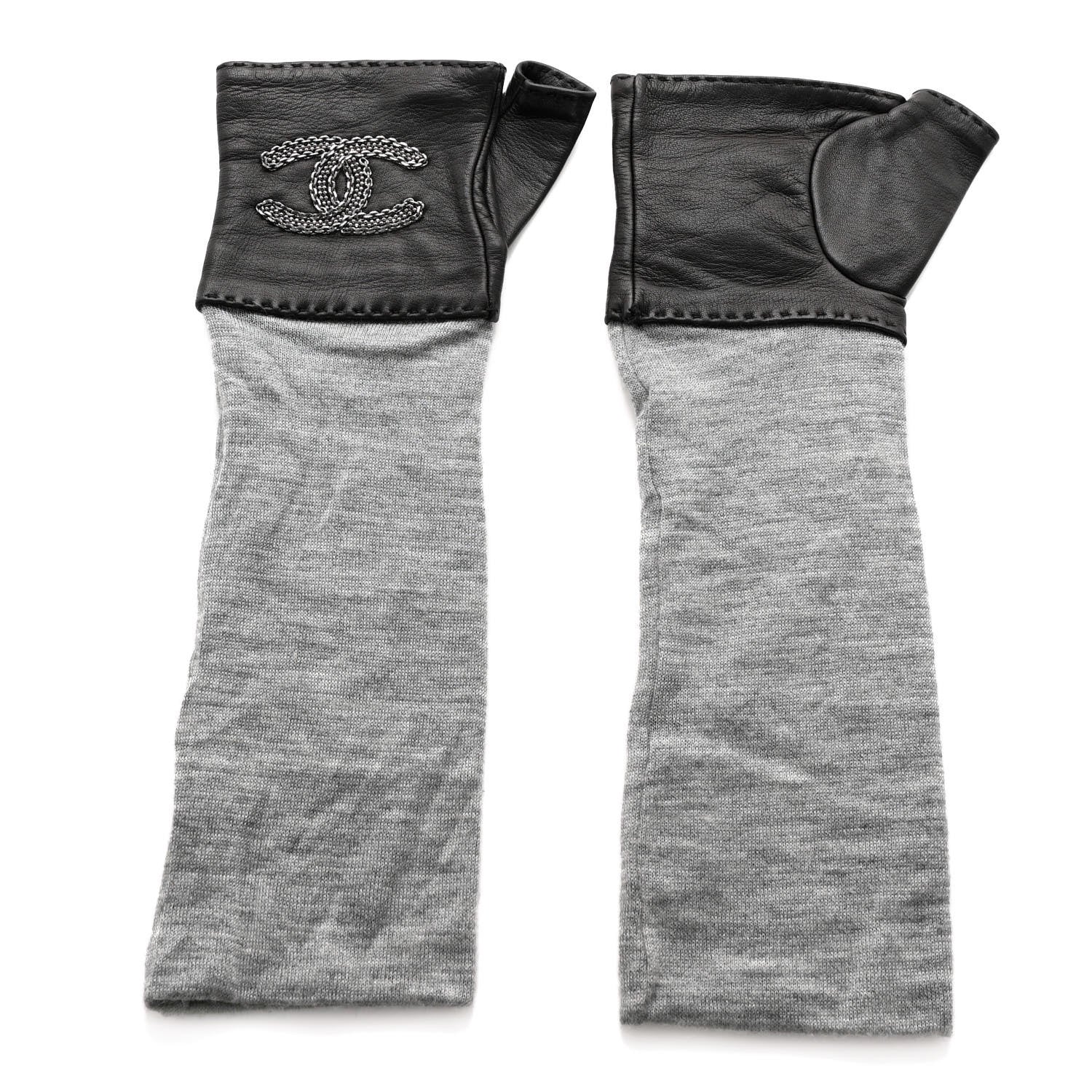 Chanel Lambskin Cashmere Silk CC Fingerless Gloves Black Grey 1 of 8