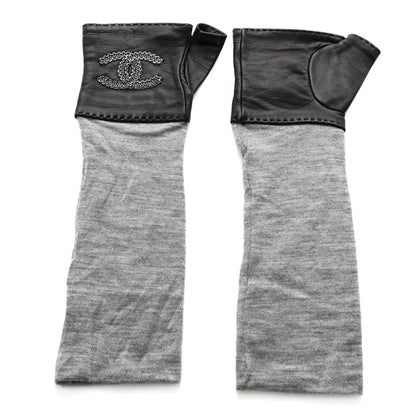 Chanel Lambskin Cashmere Silk CC Fingerless Gloves Black Grey 1 of 8