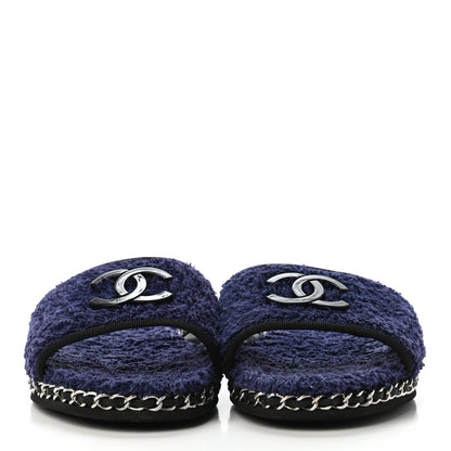 Chanel Terry CC Flat Mules 39 Navy Blue 2 of 4