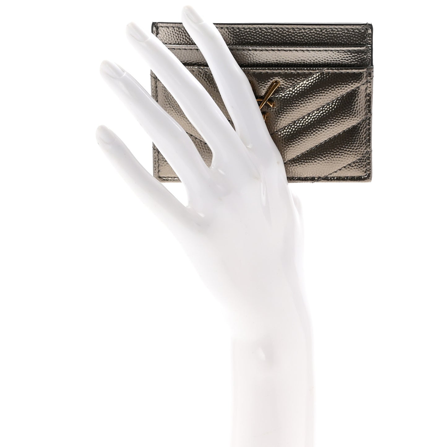 Metallic Grain De Poudre Matelasse Chevron Monogram Credit Card Case Piombo