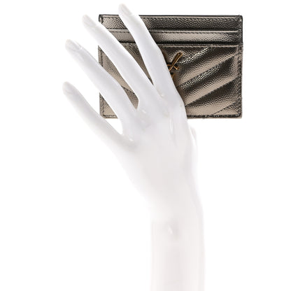 Saint Laurent Metallic Grain De Poudre Matelasse Chevron Monogram Credit Card Case Piombo 2 of 9