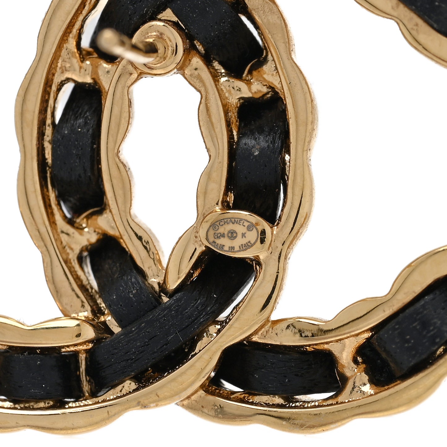 Lambskin CC Chain Earrings Black Gold