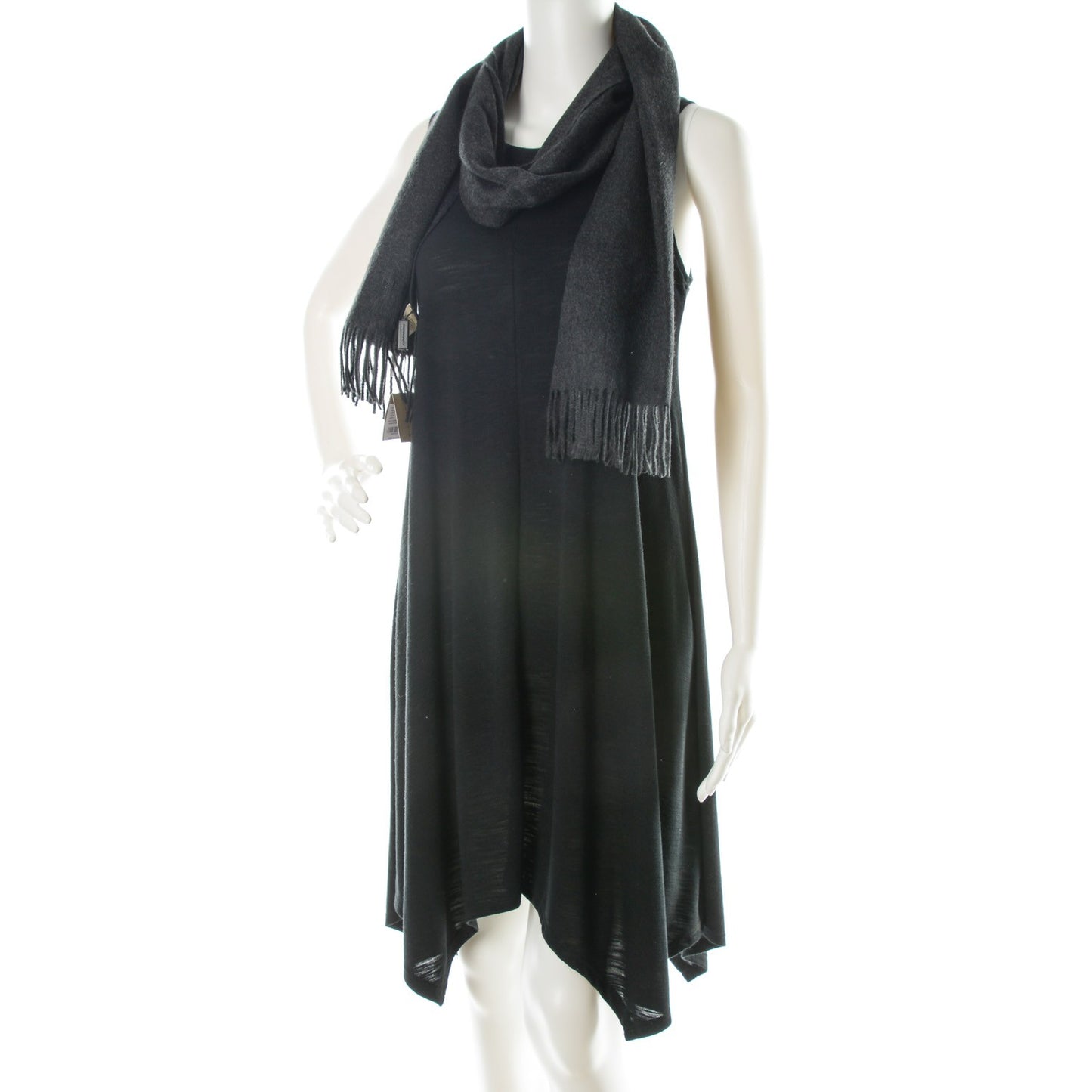 Cashmere Embroidered Fringe Scarf Charcoal