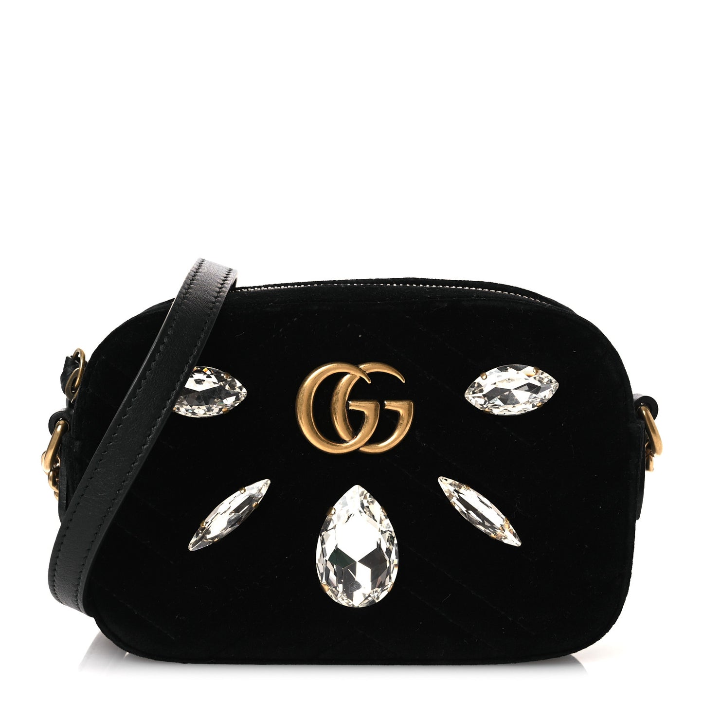 Velvet Matelasse Marquise Crystals Mini GG Marmont Chain Shoulder Bag Black