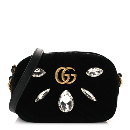 Gucci Velvet Matelasse Marquise Crystals Mini GG Marmont Chain Shoulder Bag Black 1 of 11