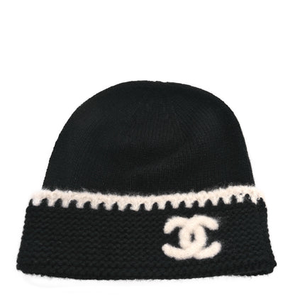 Chanel Cashmere Wool CC Beanie Hat Black Light Beige 1 of 5