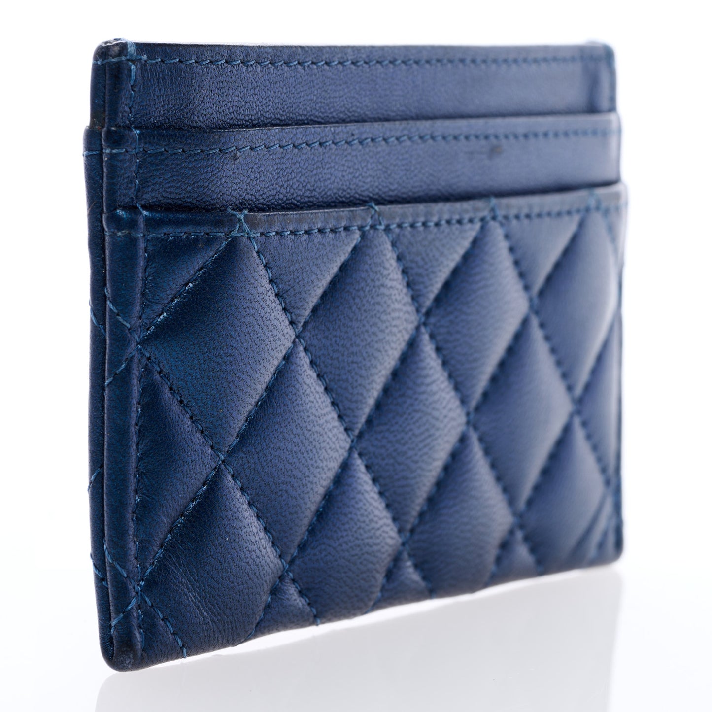 Metallic Lambskin Quilted Boy Card Holder Blue