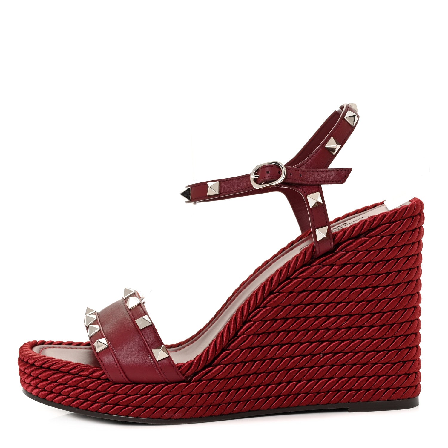 Valentino Garavani Silk Calfskin Rockstud Torchon Espadrille 25/115mm Wedge Sandals 41 Cerise 1 of 7