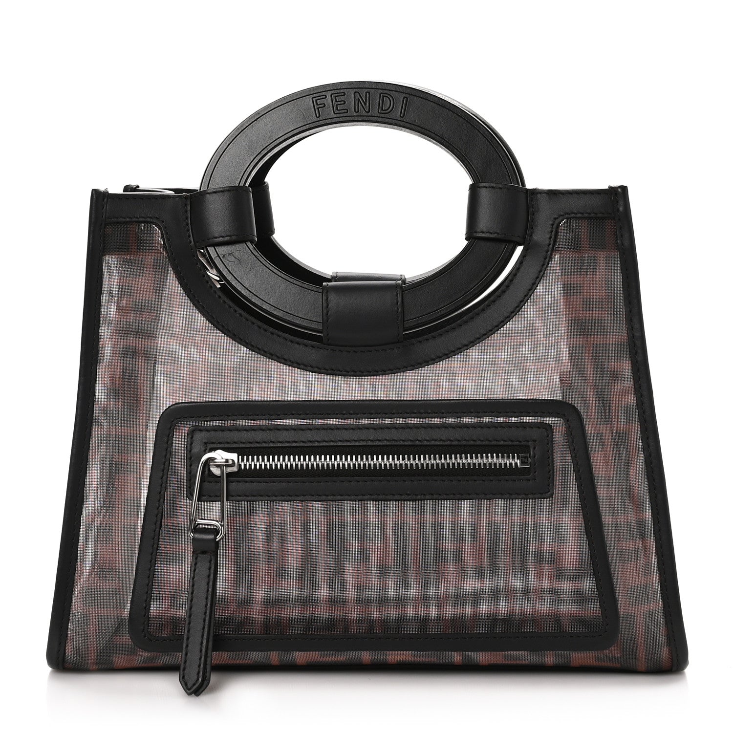 Fendi Mesh Vitello Century Cuoio FF 1974 Small Runaway Shopper Tote Marrone Black Ebano 1 of 10