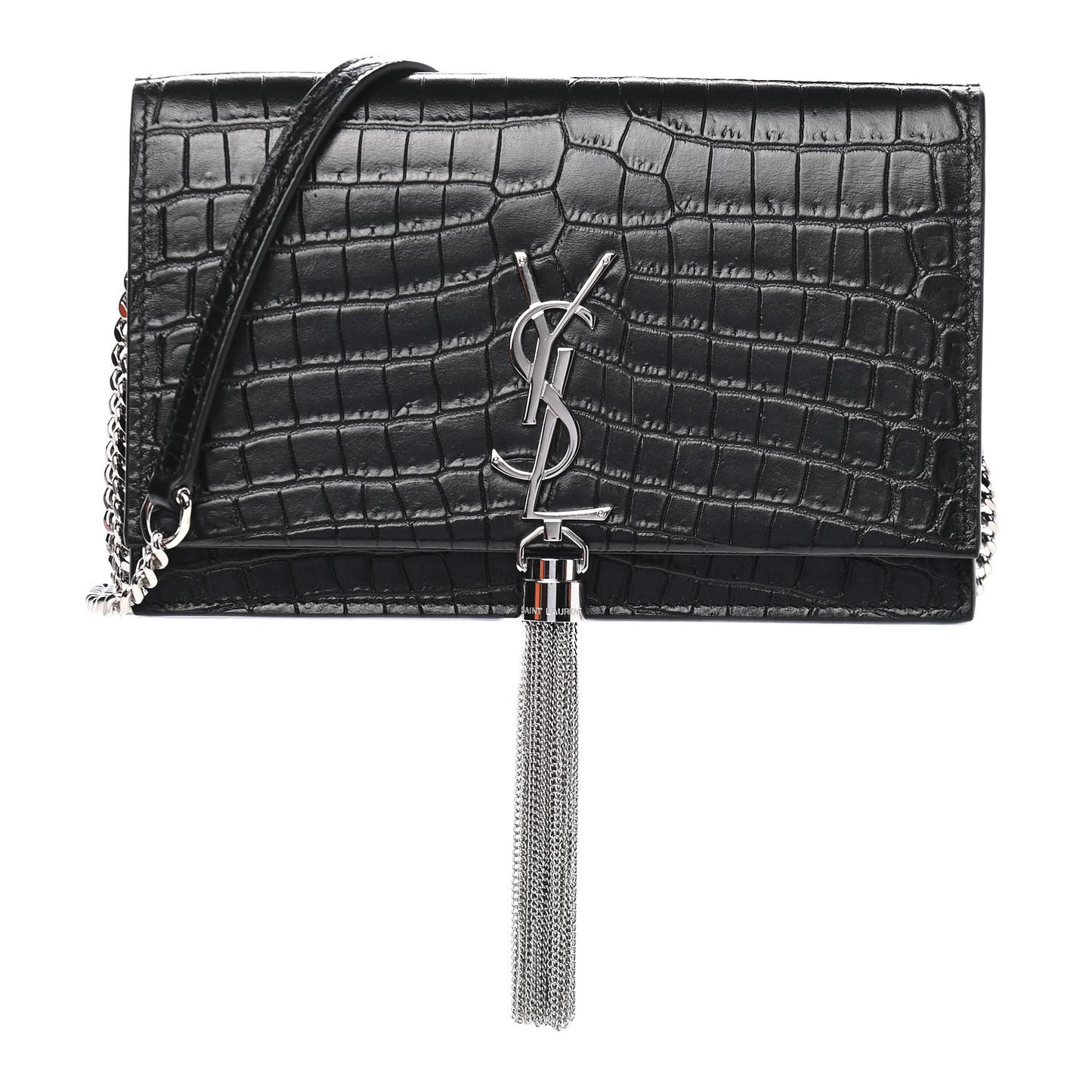 Calfskin Crocodile Embossed Kate Monogram Tassel Chain Wallet Black