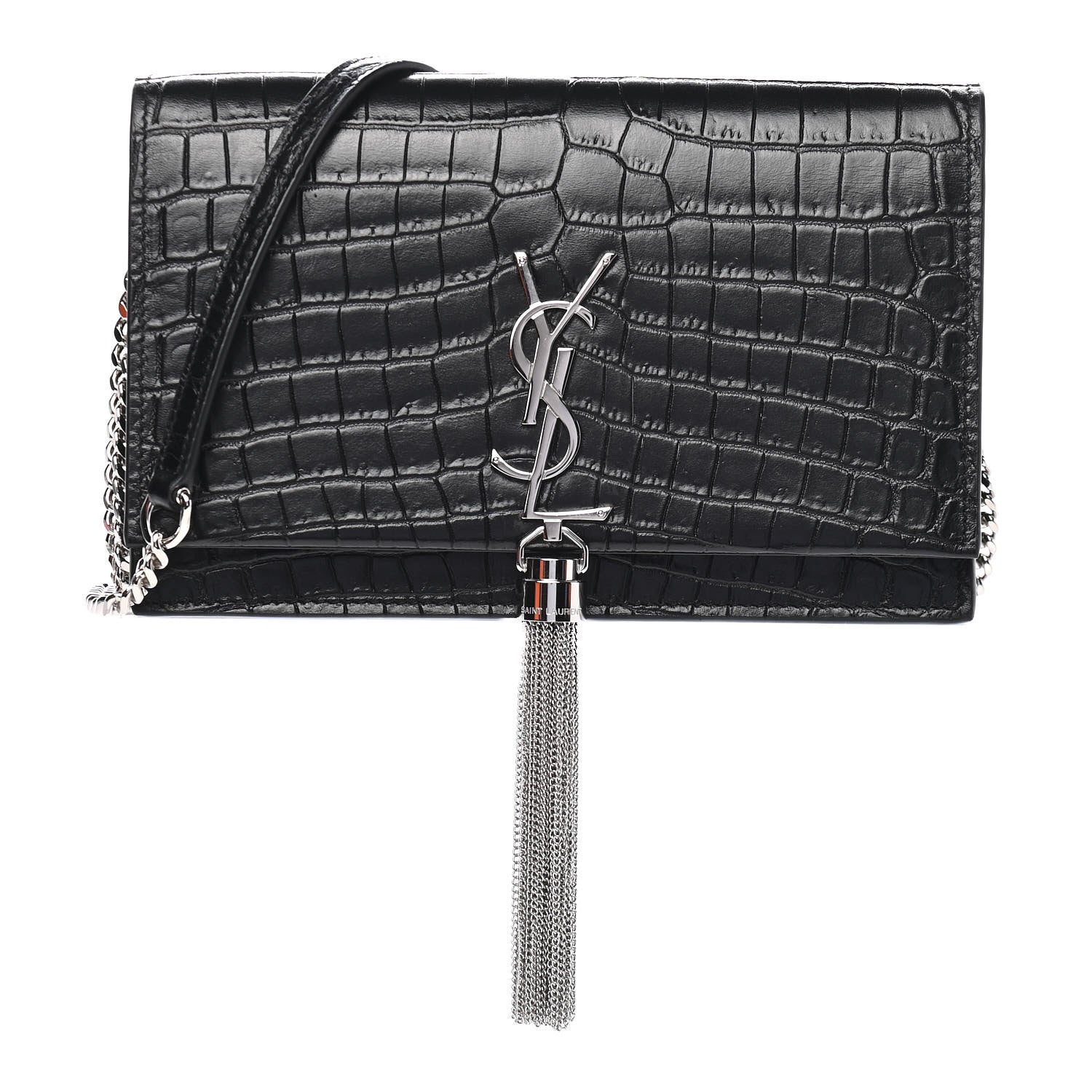 Saint Laurent Calfskin Crocodile Embossed Kate Monogram Tassel Chain Wallet Black 1 of 8