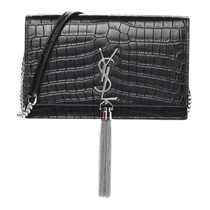 Saint Laurent Calfskin Crocodile Embossed Kate Monogram Tassel Chain Wallet Black 1 of 8