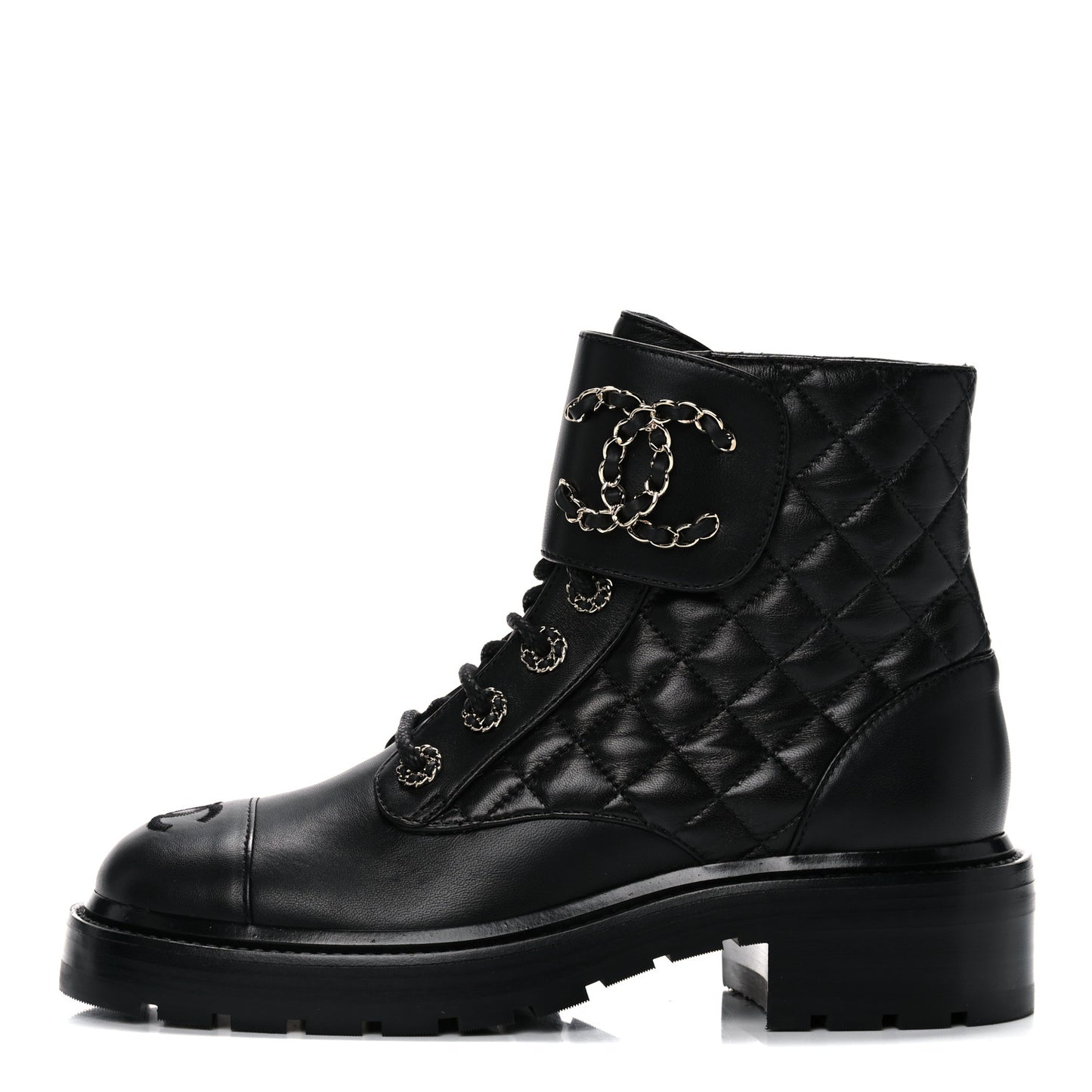 Shiny Lambskin Quilted Lace Up Combat Boots 36.5 Black